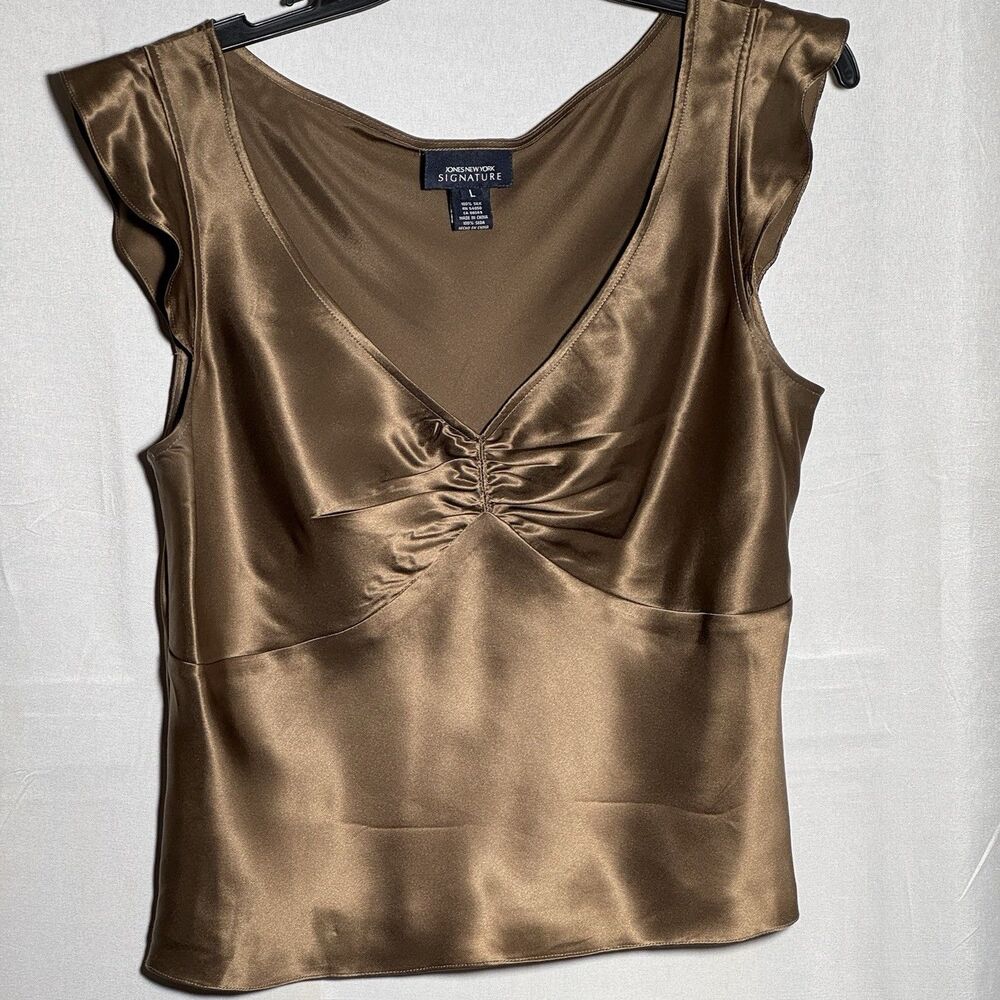 Jones New York Satin Brown V-Neck Cap Sleeve Top